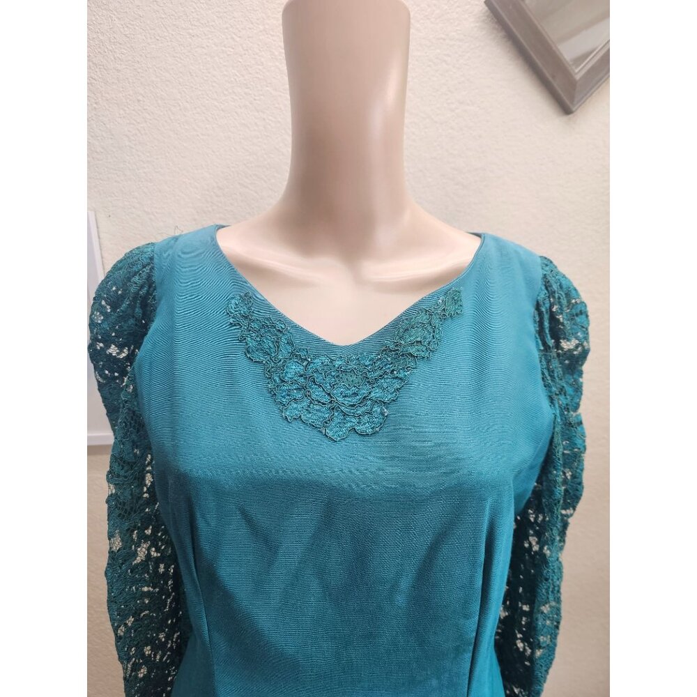 Vintage 80s Evening Dress Medium Teal Modest Full Skirt - Picture 3 of 7